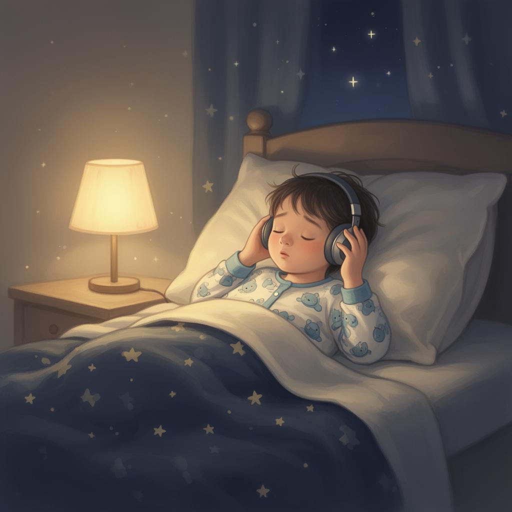 Child in pajamas peacefully listening to a personalized bedtime story on headphones