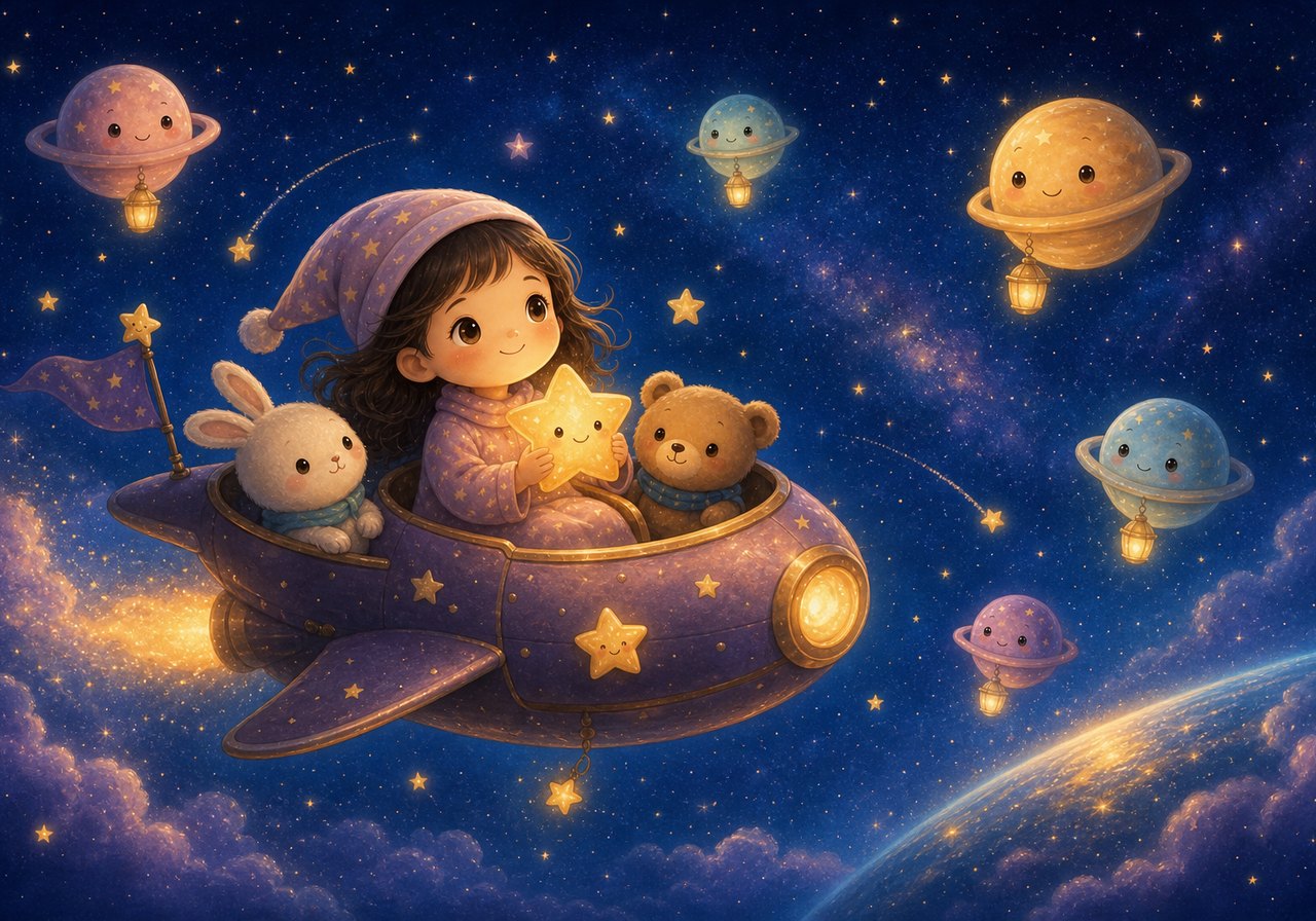 A child in pajamas riding a whimsical star-ship through a dreamy starry night, holding a glowing smiling star — a scene from a personalized bedtime story